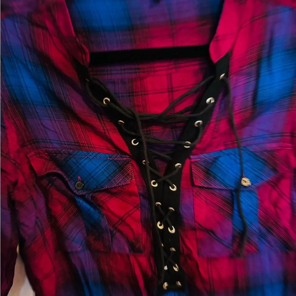 Express plaid flannel lace up long sleeve top size xs